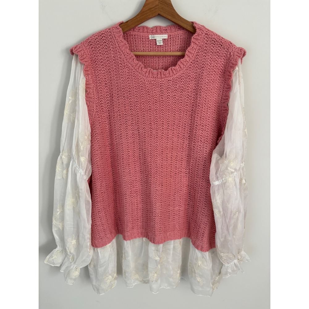 Cato Pink Mixed Media Knit Sweater Top White Embroidered Boho cottagecore 18/20W